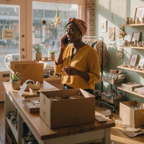 A hopeful business owner talking on the phone while standing in their sunlit shop