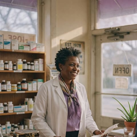 An independent pharmacist smiling behind the counter of a small neighborhood pharmacy