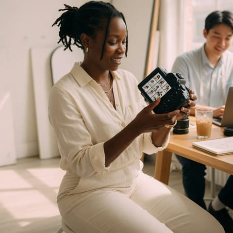 A professional photographer reviewing shots on a camera in a bright
