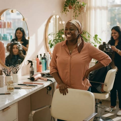 A hair salon owner smiling at the styling station of their modern salon